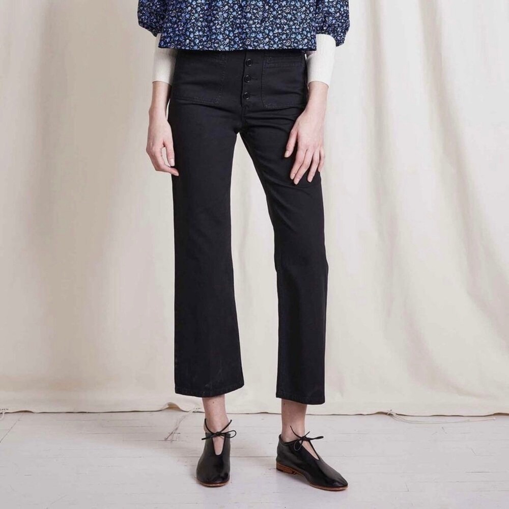 Apiece Apart Marston Slim Kick Flare Patch Pocket Pants in Black SZ 8